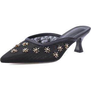 ๐Women Black Kitten Heel Mules Flower Decor Mesh Pointed Toe Low Heel Pumps